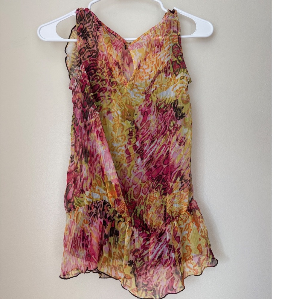 IZ Byer California Ruffle Animal Print Blouse Pink Yellow Sleeveless Small - Picture 2 of 9